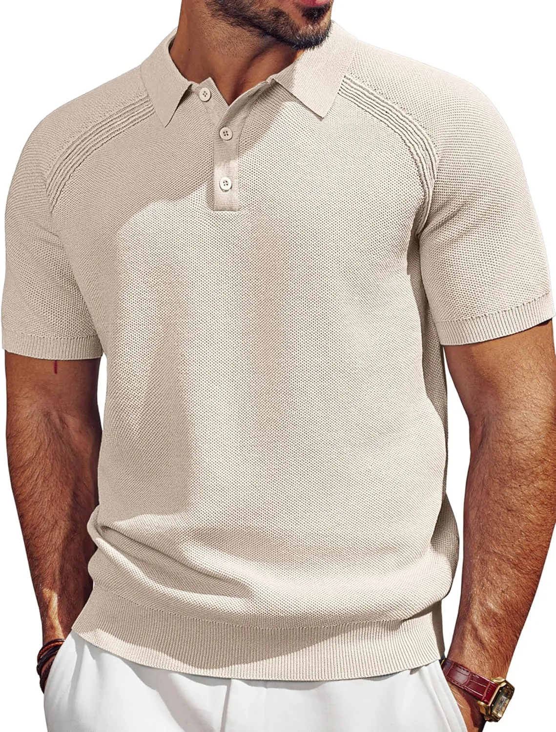 PJ PAUL JONES Men's Polo Shirt Short Sleeve Textured Knit Button Shirts Raglan Sleeve Casual Golf Shirt