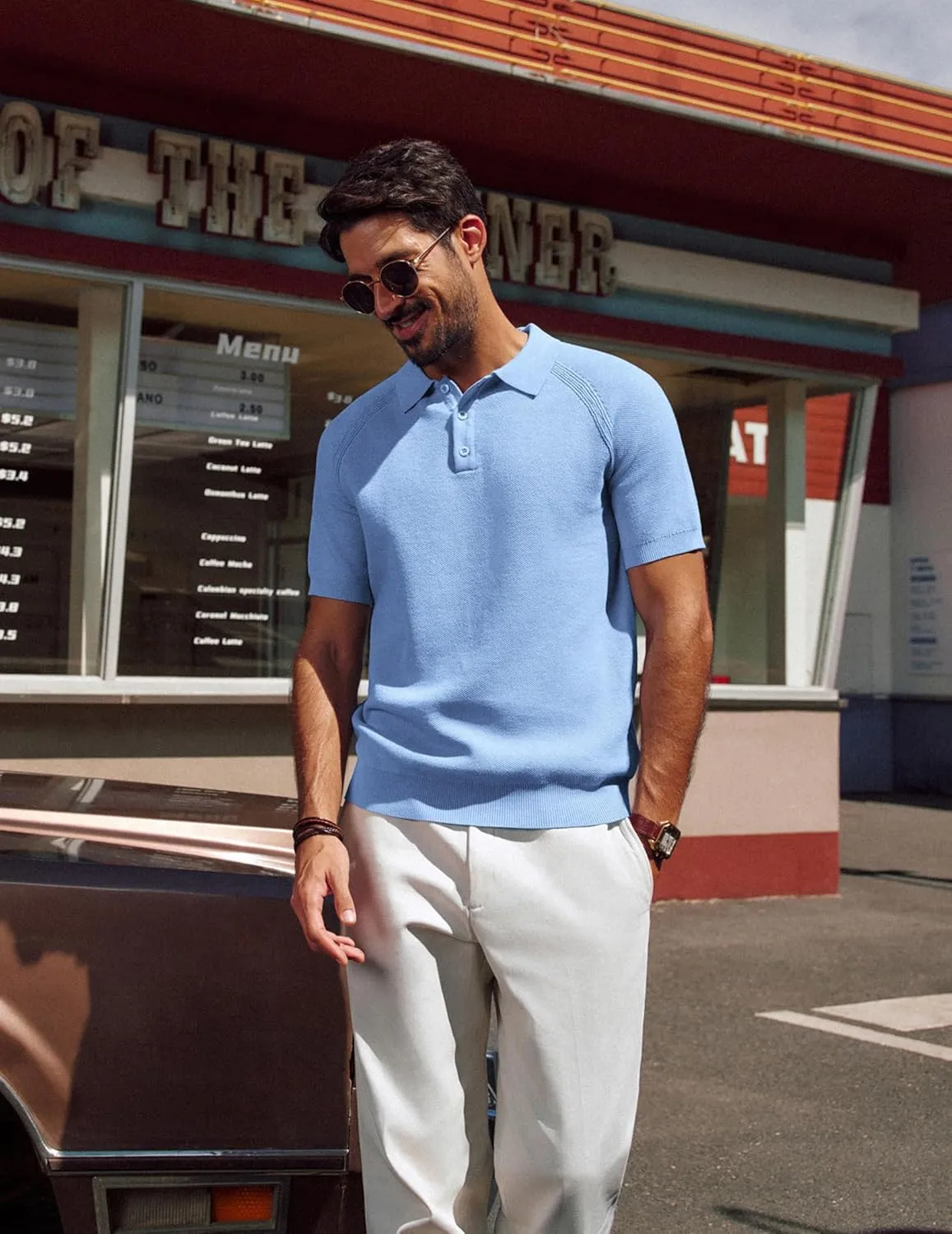 PJ PAUL JONES Men's Polo Shirt Short Sleeve Textured Knit Button Shirts Raglan Sleeve Casual Golf Shirt