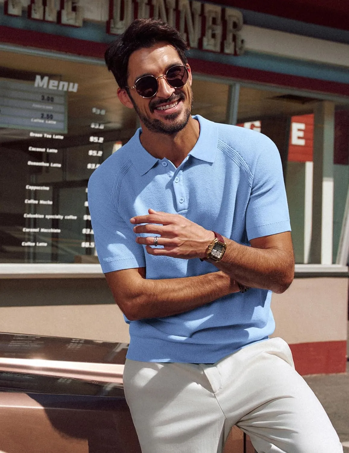 PJ PAUL JONES Men's Polo Shirt Short Sleeve Textured Knit Button Shirts Raglan Sleeve Casual Golf Shirt