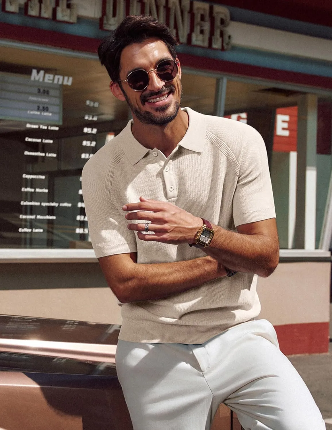 PJ PAUL JONES Men's Polo Shirt Short Sleeve Textured Knit Button Shirts Raglan Sleeve Casual Golf Shirt
