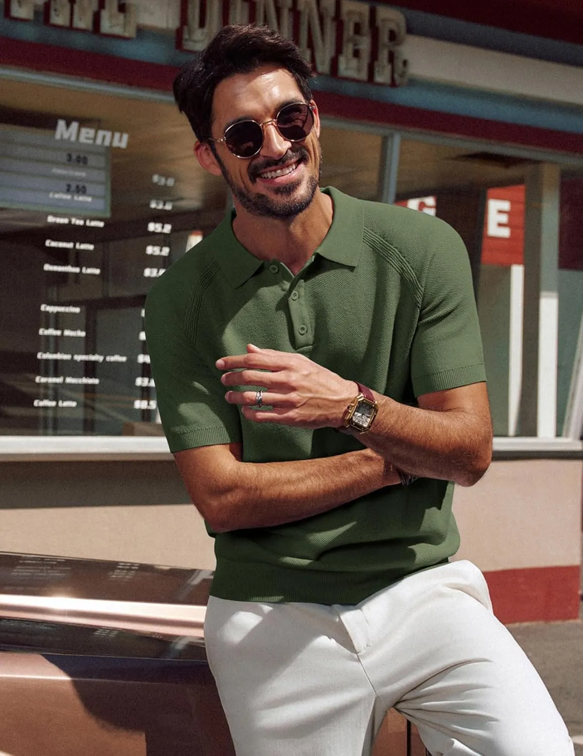PJ PAUL JONES Men's Polo Shirt Short Sleeve Textured Knit Button Shirts Raglan Sleeve Casual Golf Shirt