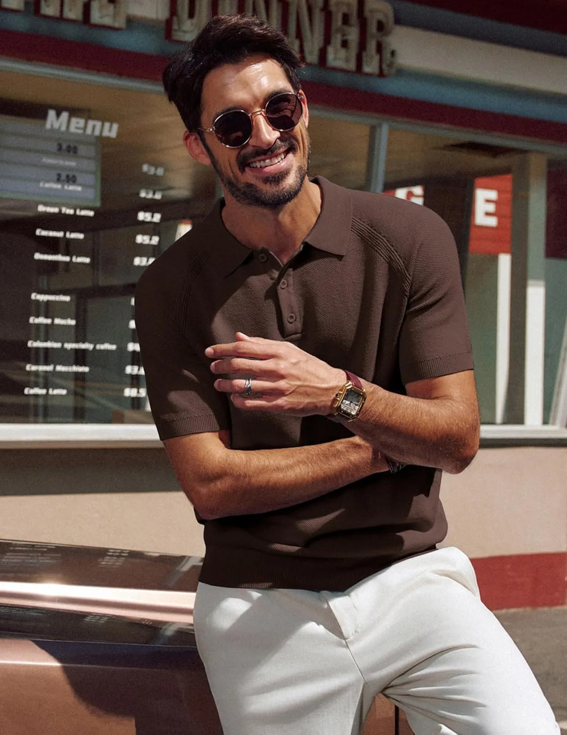 PJ PAUL JONES Men's Polo Shirt Short Sleeve Textured Knit Button Shirts Raglan Sleeve Casual Golf Shirt