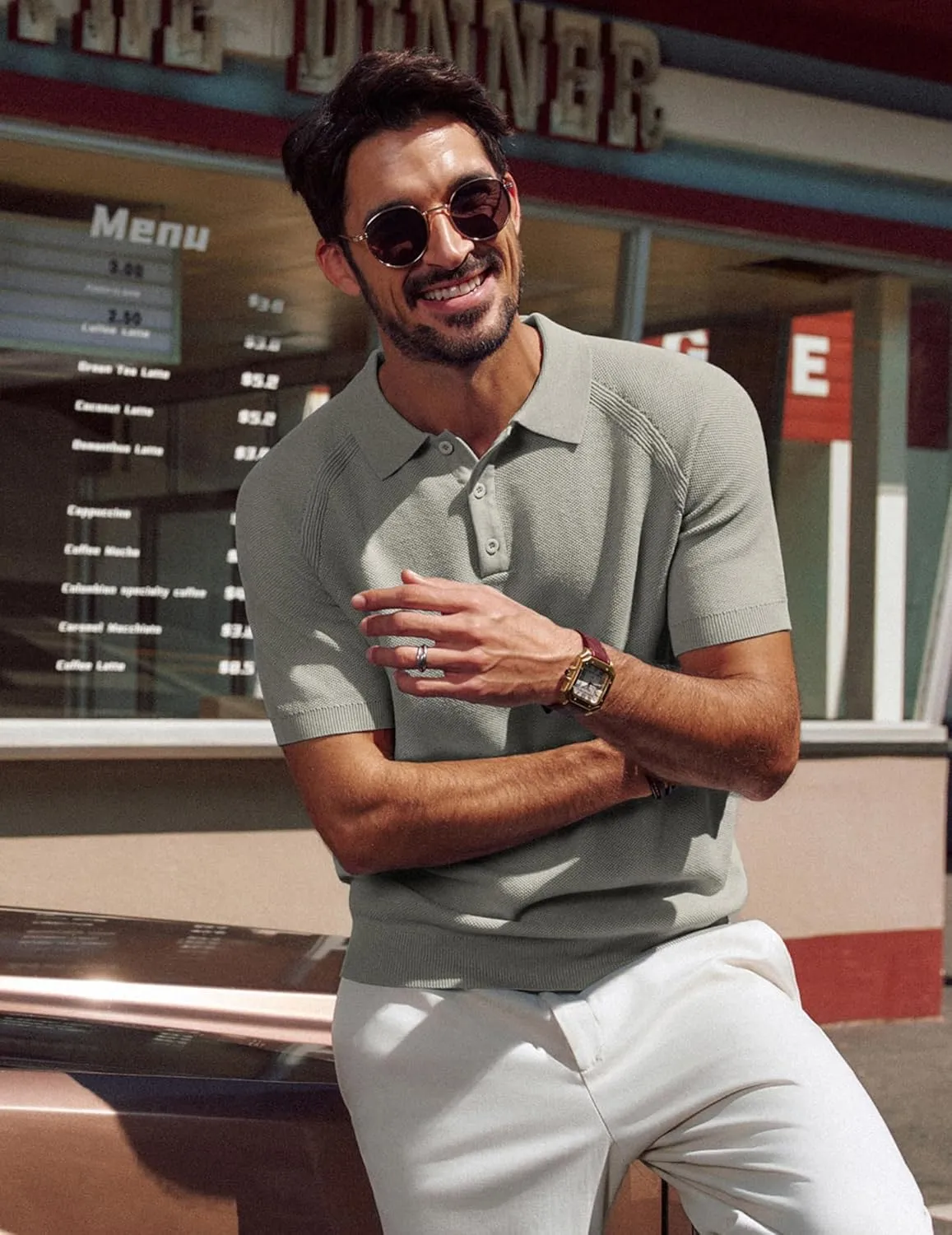 PJ PAUL JONES Men's Polo Shirt Short Sleeve Textured Knit Button Shirts Raglan Sleeve Casual Golf Shirt