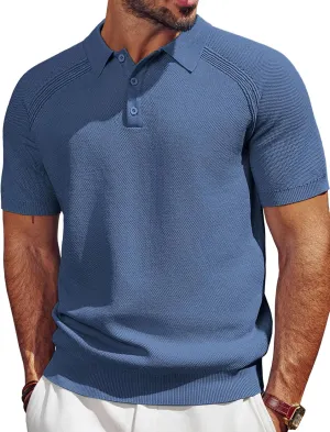 PJ PAUL JONES Men's Polo Shirt Short Sleeve Textured Knit Button Shirts Raglan Sleeve Casual Golf Shirt
