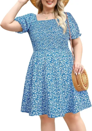 Plus Size Casual Summer Dresses for Curvy Women Smocked Lightweight Woven Midi A-line Sun Dress with Pockets
