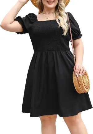 Plus Size Casual Summer Dresses for Curvy Women Smocked Lightweight Woven Midi A-line Sun Dress with Pockets