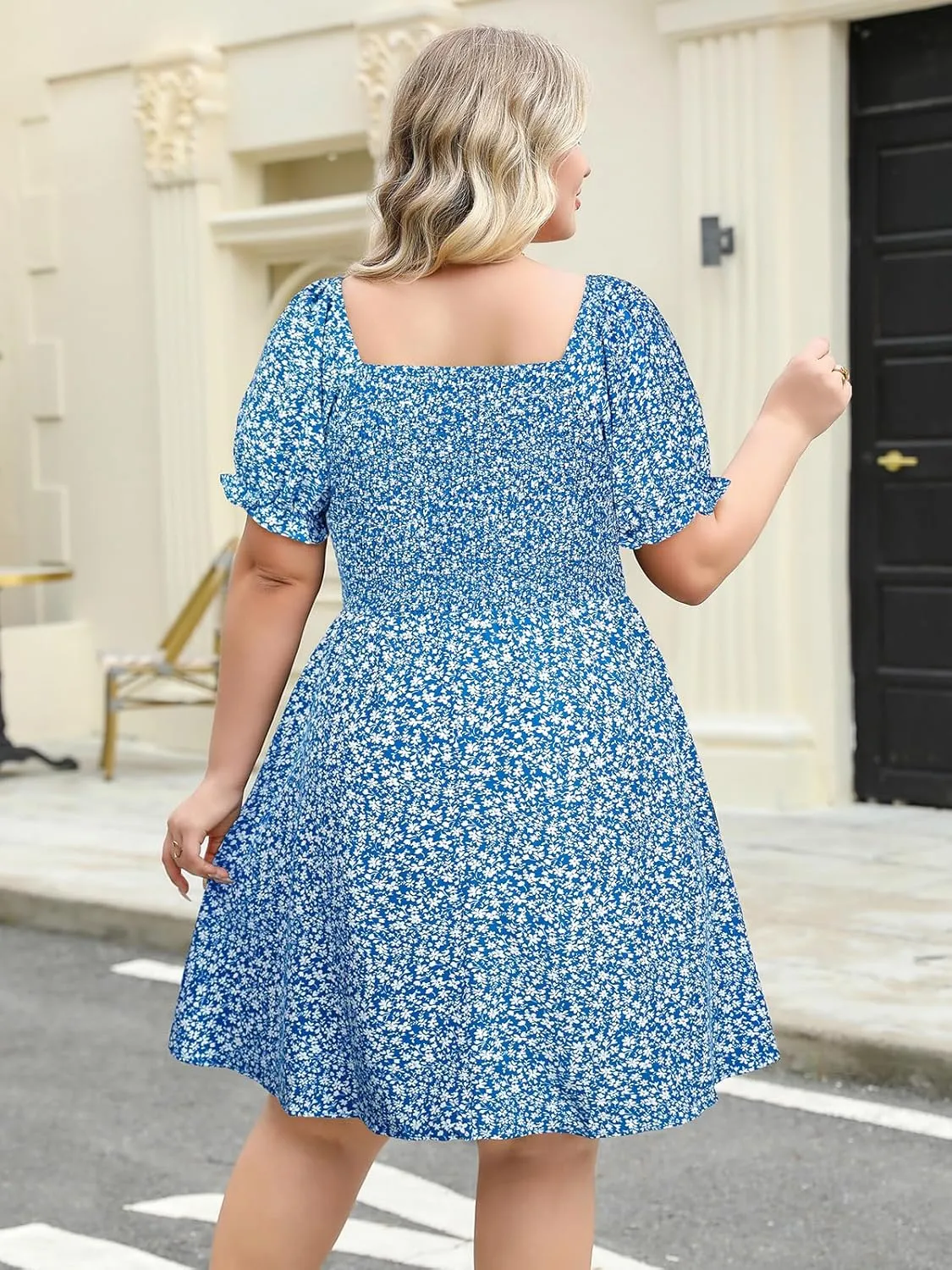 Plus Size Casual Summer Dresses for Curvy Women Smocked Lightweight Woven Midi A-line Sun Dress with Pockets
