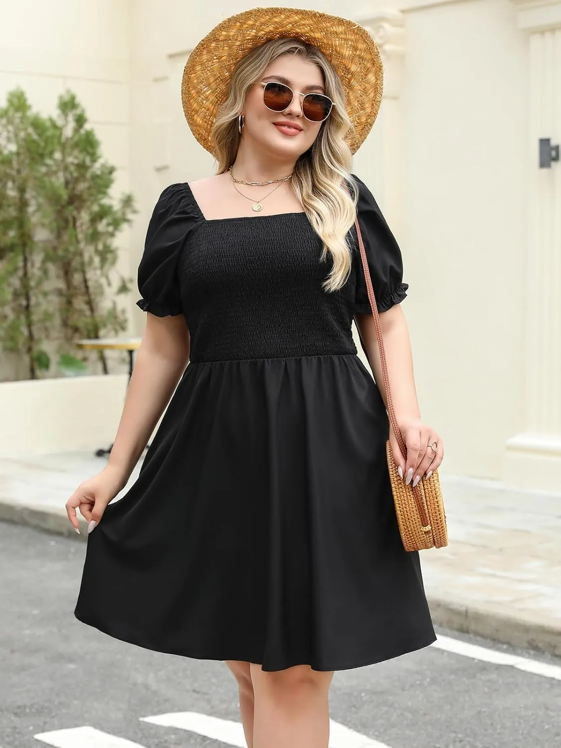 Plus Size Casual Summer Dresses for Curvy Women Smocked Lightweight Woven Midi A-line Sun Dress with Pockets
