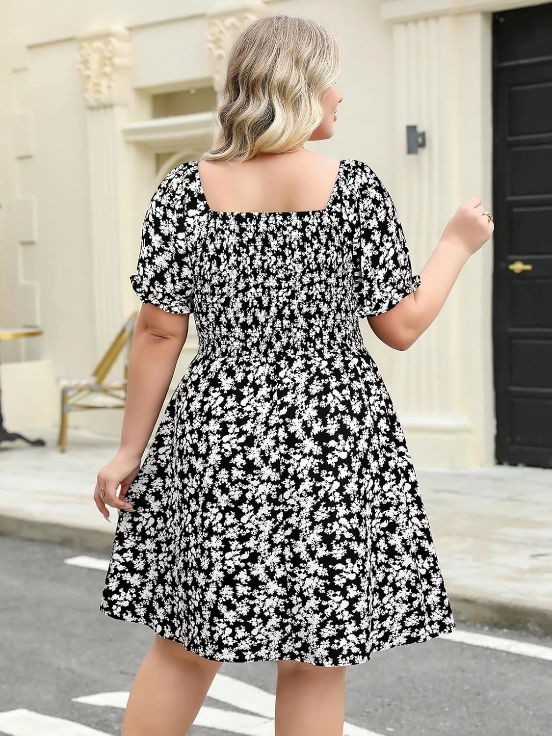 Plus Size Casual Summer Dresses for Curvy Women Smocked Lightweight Woven Midi A-line Sun Dress with Pockets