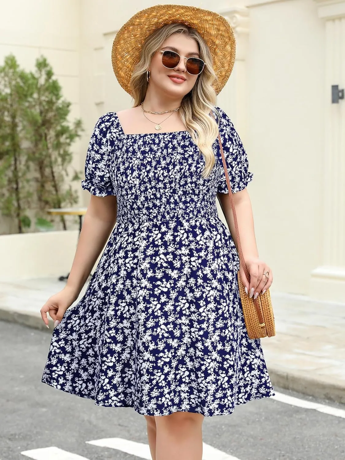Plus Size Casual Summer Dresses for Curvy Women Smocked Lightweight Woven Midi A-line Sun Dress with Pockets
