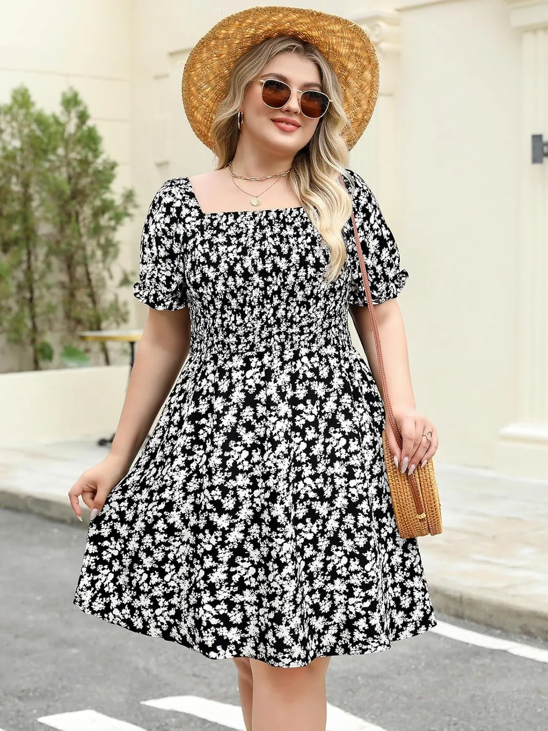 Plus Size Casual Summer Dresses for Curvy Women Smocked Lightweight Woven Midi A-line Sun Dress with Pockets