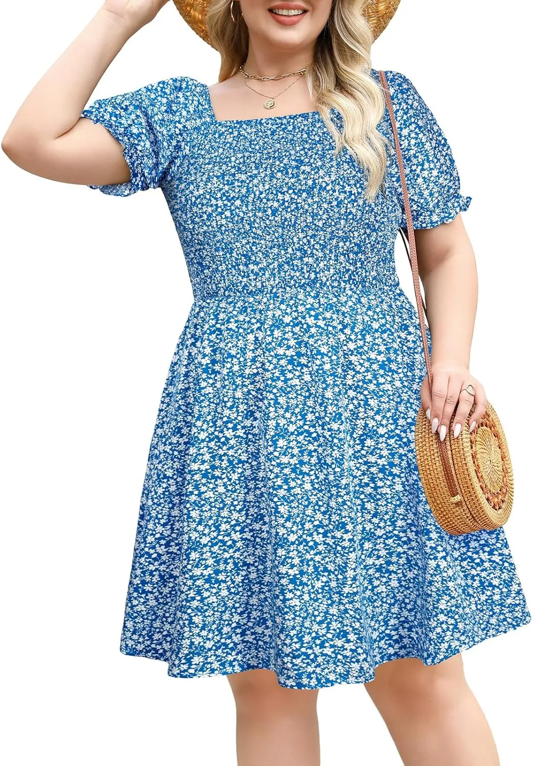 Plus Size Casual Summer Dresses for Curvy Women Smocked Lightweight Woven Midi A-line Sun Dress with Pockets