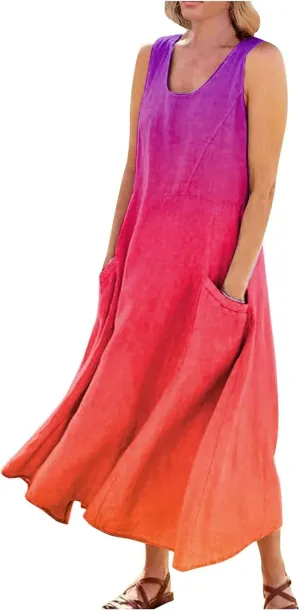 Plus Size Summer Dresses U Neck Sleeveless Sundress A-Line Floral Print Boho Dress Flowy Beach Dress with Pockets