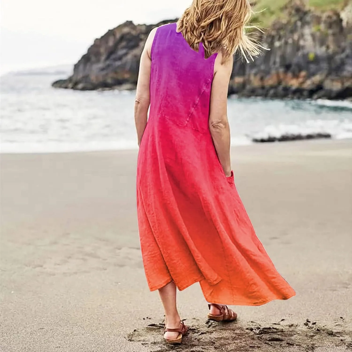 Plus Size Summer Dresses U Neck Sleeveless Sundress A-Line Floral Print Boho Dress Flowy Beach Dress with Pockets