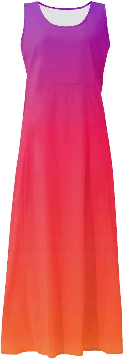 Plus Size Summer Dresses U Neck Sleeveless Sundress A-Line Floral Print Boho Dress Flowy Beach Dress with Pockets