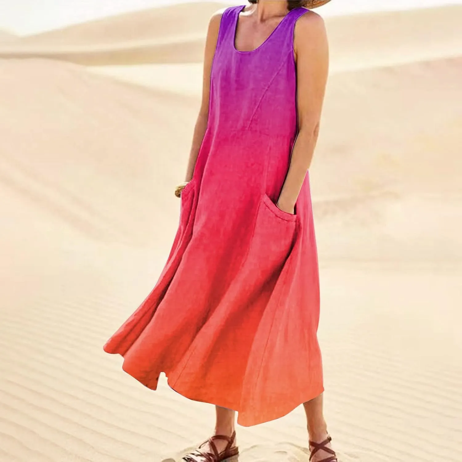 Plus Size Summer Dresses U Neck Sleeveless Sundress A-Line Floral Print Boho Dress Flowy Beach Dress with Pockets