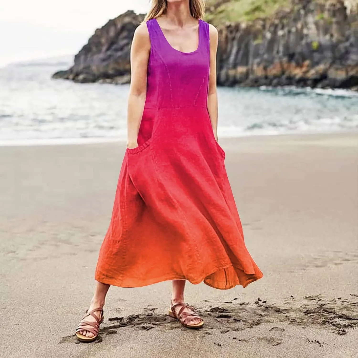 Plus Size Summer Dresses U Neck Sleeveless Sundress A-Line Floral Print Boho Dress Flowy Beach Dress with Pockets