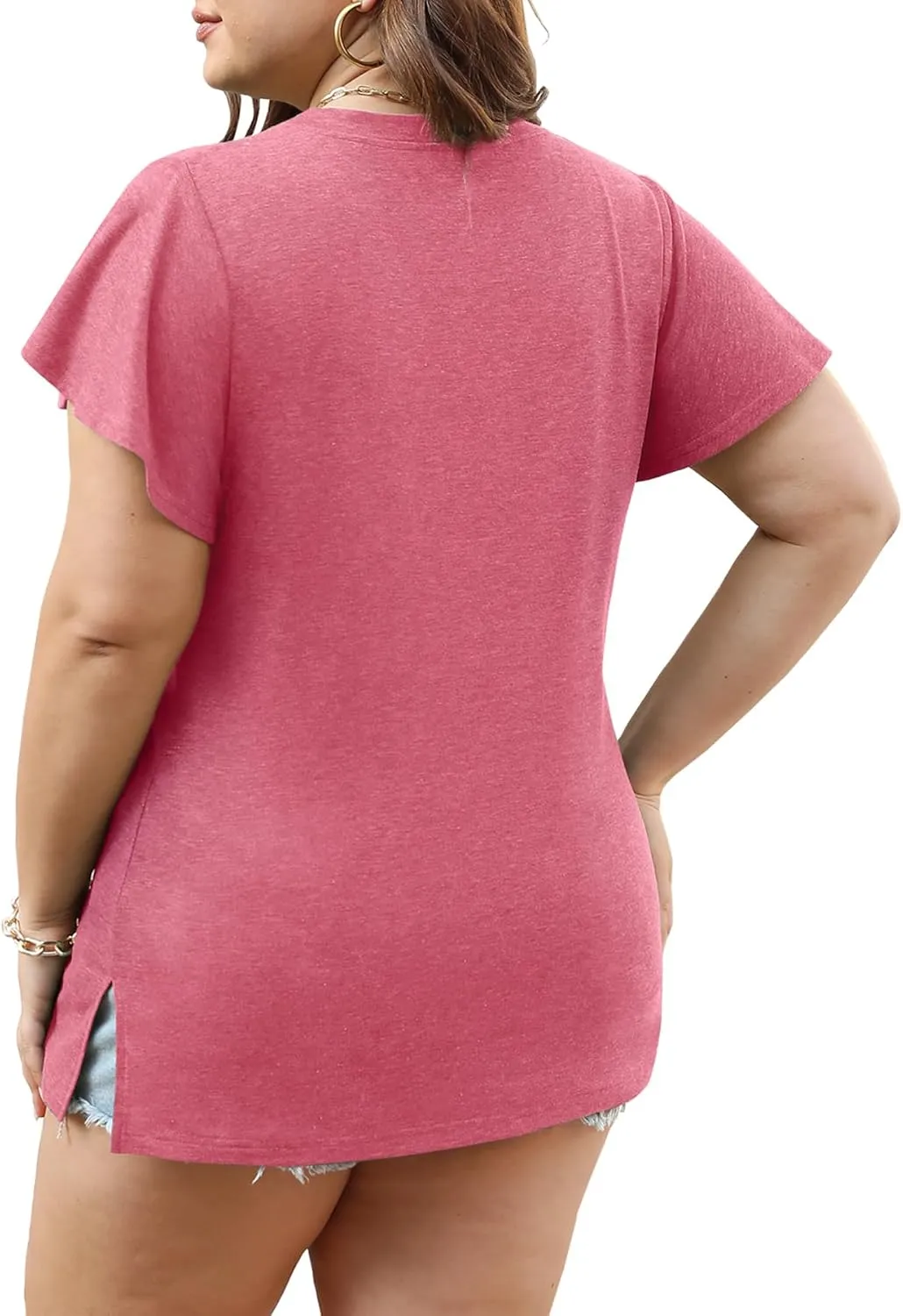 Plus Size Tops for Women Summer Casual V Neck T Shirts Short Ruffle Sleeve Tshirts Loose Fit Tunics Blouses