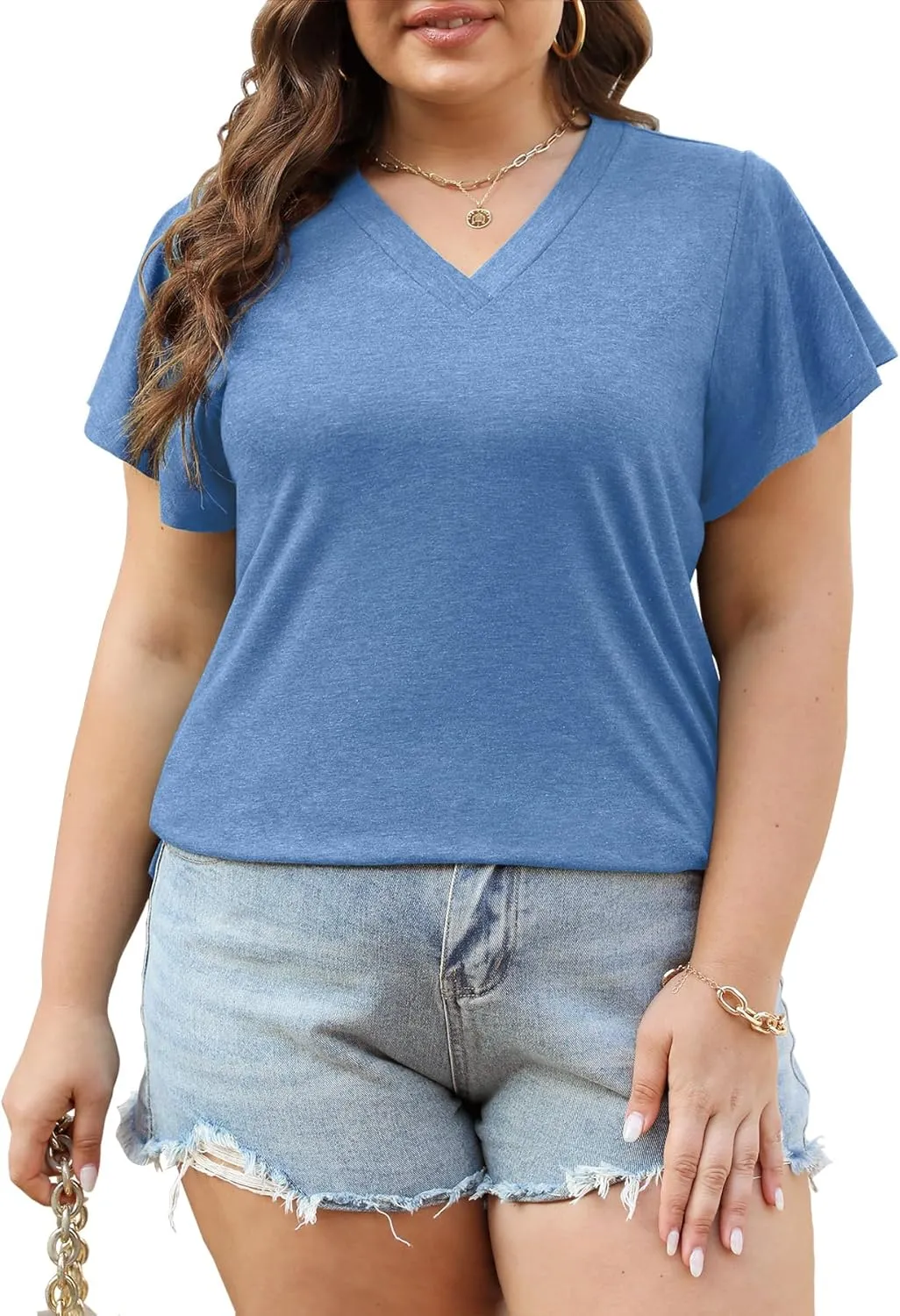 Plus Size Tops for Women Summer Casual V Neck T Shirts Short Ruffle Sleeve Tshirts Loose Fit Tunics Blouses