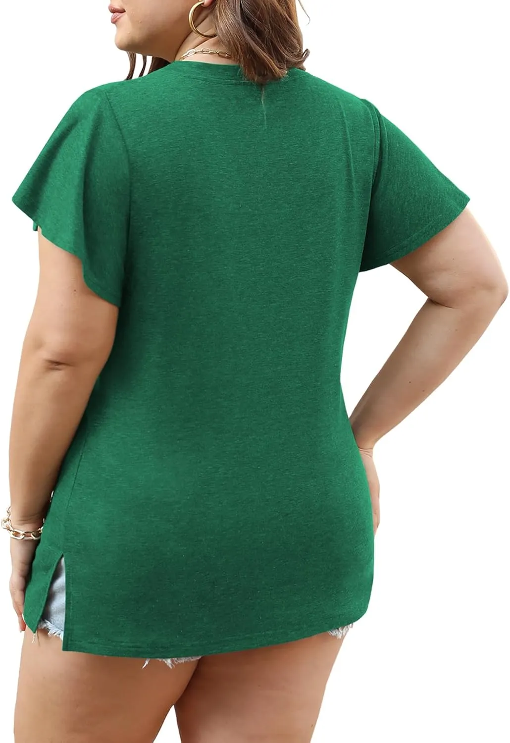 Plus Size Tops for Women Summer Casual V Neck T Shirts Short Ruffle Sleeve Tshirts Loose Fit Tunics Blouses
