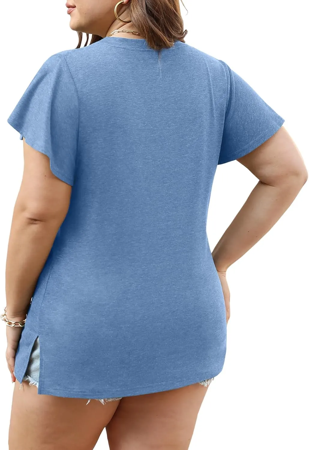 Plus Size Tops for Women Summer Casual V Neck T Shirts Short Ruffle Sleeve Tshirts Loose Fit Tunics Blouses