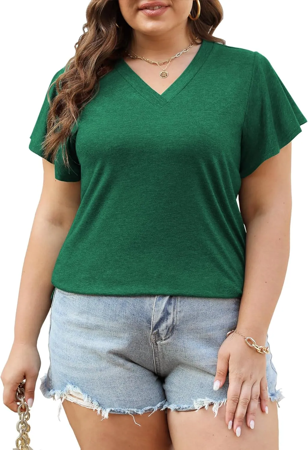 Plus Size Tops for Women Summer Casual V Neck T Shirts Short Ruffle Sleeve Tshirts Loose Fit Tunics Blouses