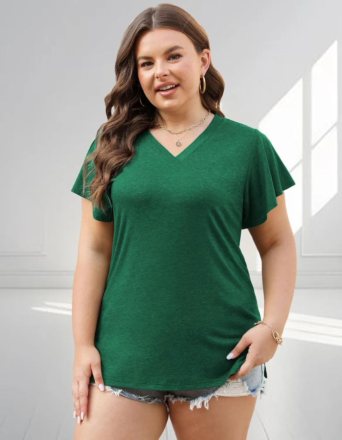 Plus Size Tops for Women Summer Casual V Neck T Shirts Short Ruffle Sleeve Tshirts Loose Fit Tunics Blouses