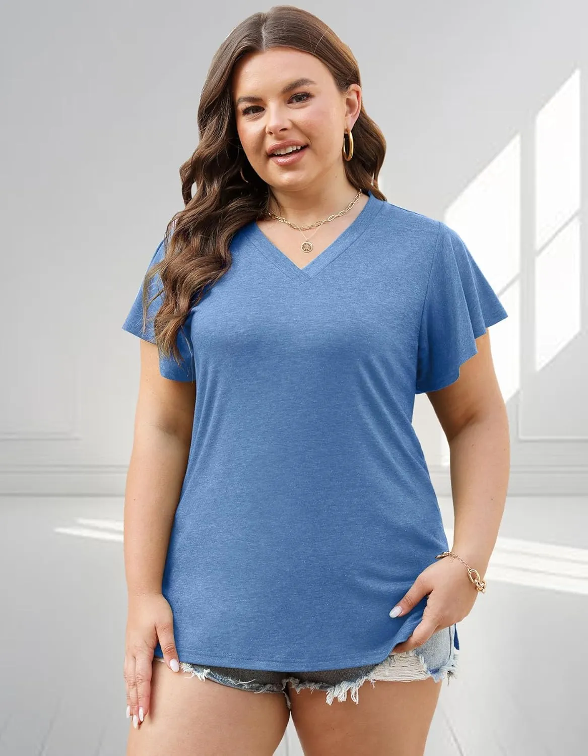 Plus Size Tops for Women Summer Casual V Neck T Shirts Short Ruffle Sleeve Tshirts Loose Fit Tunics Blouses
