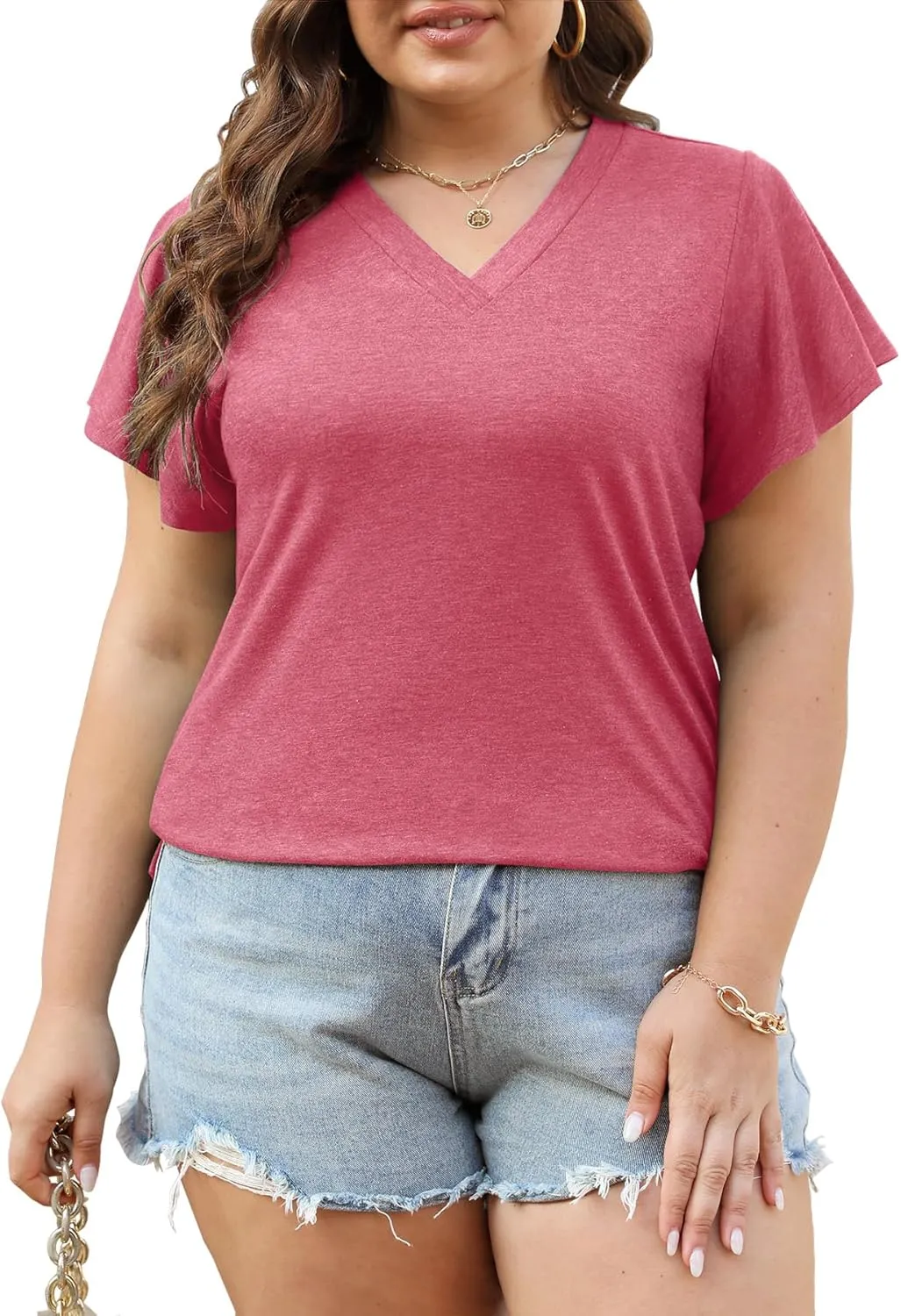 Plus Size Tops for Women Summer Casual V Neck T Shirts Short Ruffle Sleeve Tshirts Loose Fit Tunics Blouses