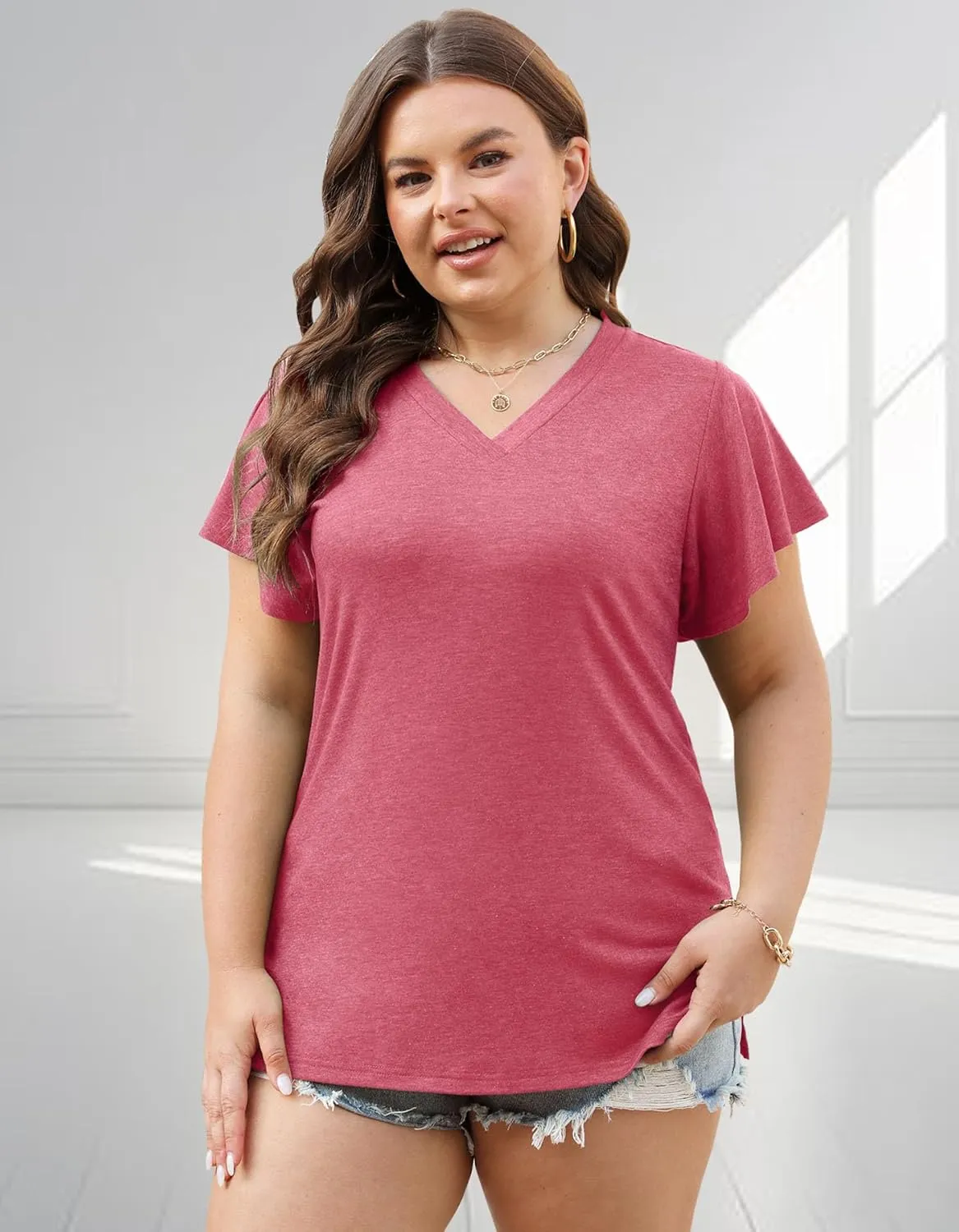 Plus Size Tops for Women Summer Casual V Neck T Shirts Short Ruffle Sleeve Tshirts Loose Fit Tunics Blouses