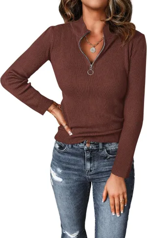 PRETTYGARDEN Fall Quarter Zip Pullover Sweaters for Women 2025 Long Sleeve Collared Fitted Ribbed Knit Tops