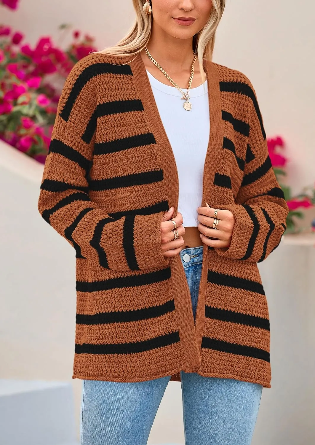 PRETTYGARDEN Women's 2024 Fall Striped Open Front Cardigan Sweaters Chunky Knit Long Sleeve Loose Trendy Winter Cardigans