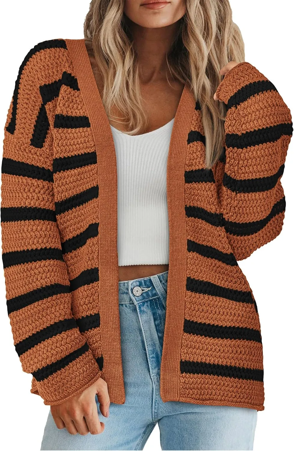 PRETTYGARDEN Women's 2024 Fall Striped Open Front Cardigan Sweaters Chunky Knit Long Sleeve Loose Trendy Winter Cardigans