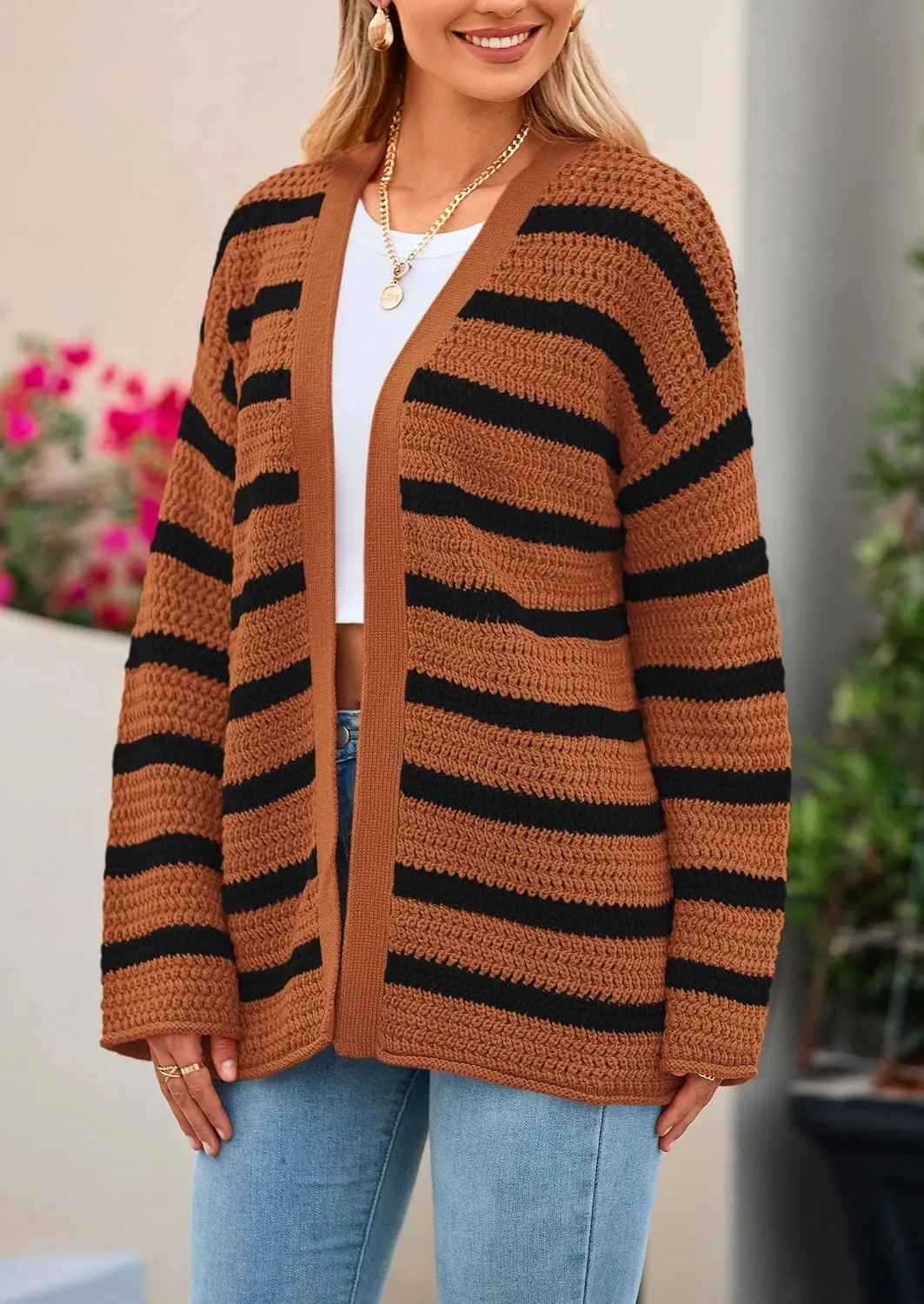 PRETTYGARDEN Women's 2024 Fall Striped Open Front Cardigan Sweaters Chunky Knit Long Sleeve Loose Trendy Winter Cardigans