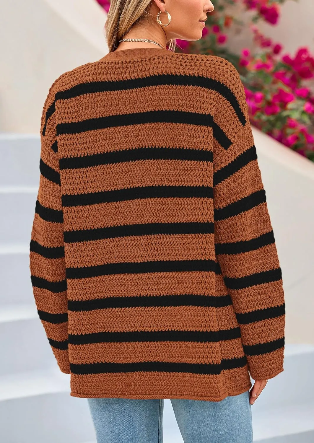PRETTYGARDEN Women's 2024 Fall Striped Open Front Cardigan Sweaters Chunky Knit Long Sleeve Loose Trendy Winter Cardigans