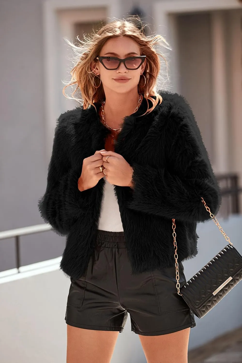 PRETTYGARDEN Women's 2025 Winter Coats Fleece Cropped Jacket Faux Fur Long Sleeve Pockets Shaggy Warm Outerwear Fall Clothes