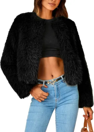 PRETTYGARDEN Women's 2025 Winter Coats Fleece Cropped Jacket Faux Fur Long Sleeve Pockets Shaggy Warm Outerwear Fall Clothes