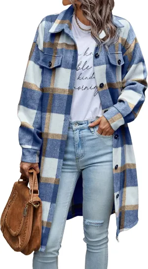 PRETTYGARDEN Women's Plaid Shacket 2025 Long Sleeve Button Up Flannel Shirt Winter Tartan Jacket Woolen Coats