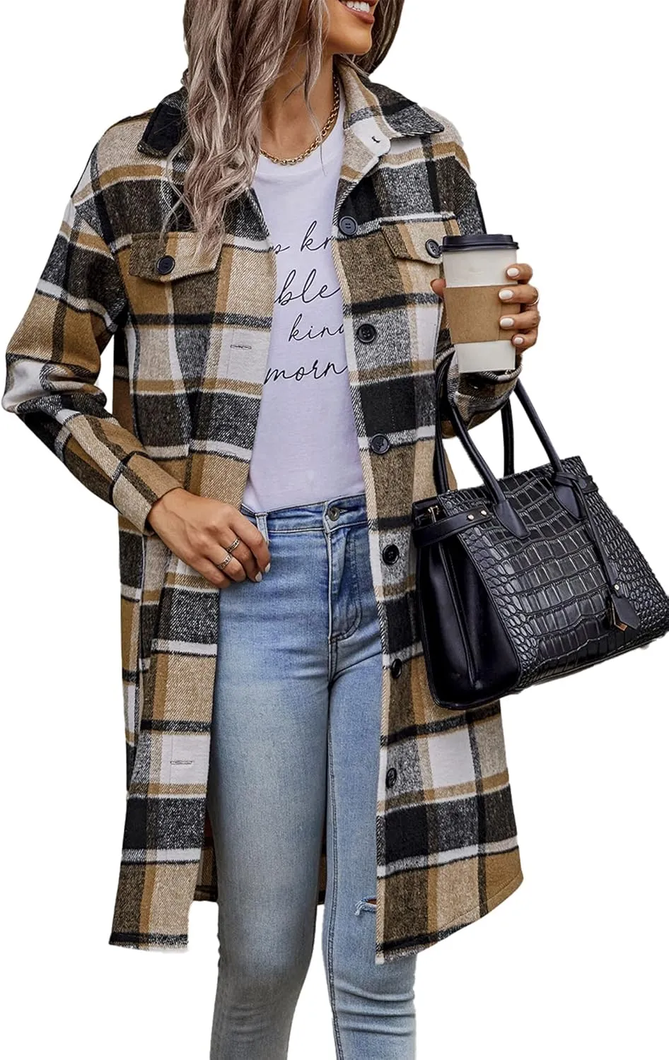 PRETTYGARDEN Women's Plaid Shacket 2025 Long Sleeve Button Up Flannel Shirt Winter Tartan Jacket Woolen Coats