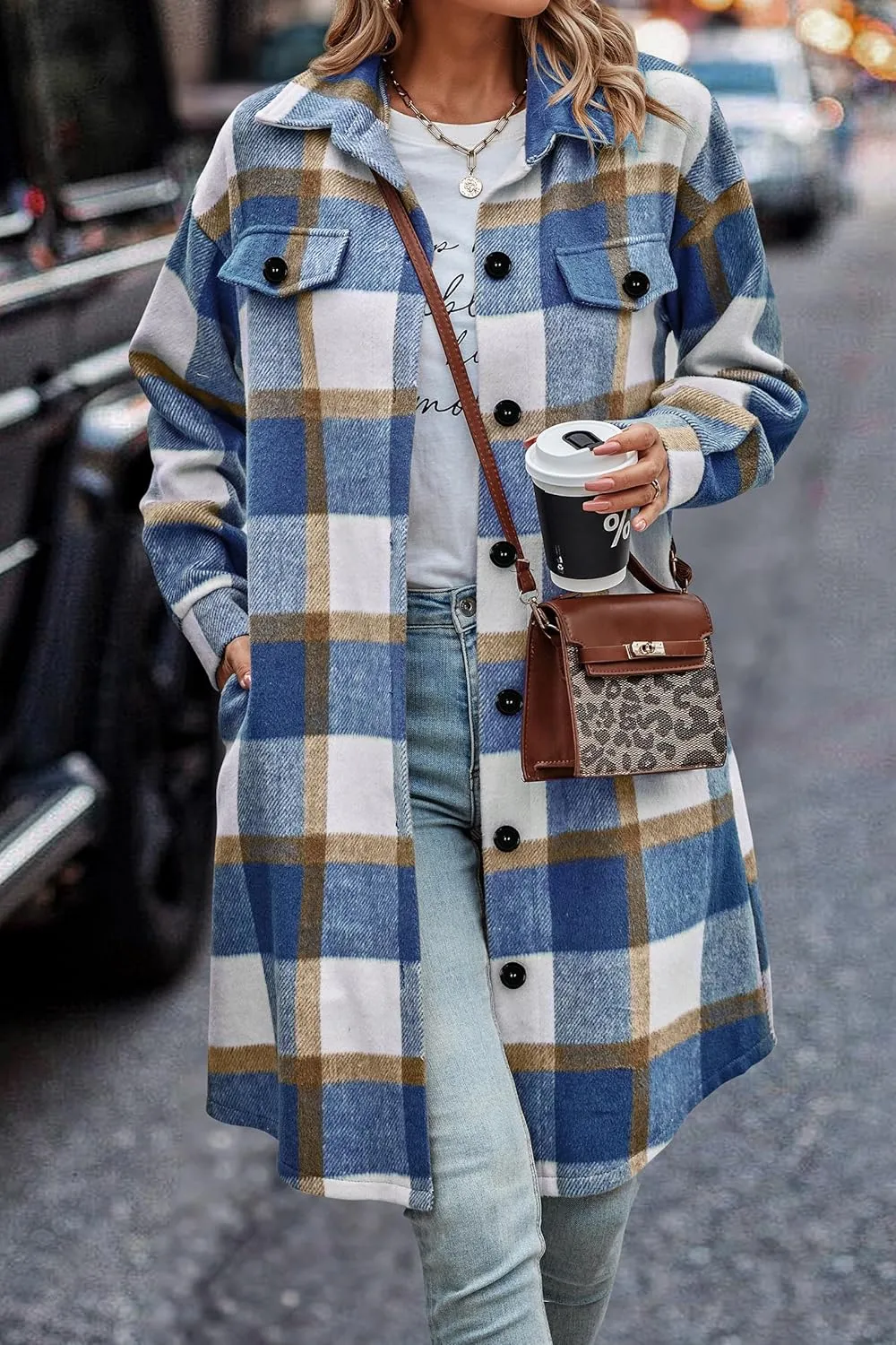 PRETTYGARDEN Women's Plaid Shacket 2025 Long Sleeve Button Up Flannel Shirt Winter Tartan Jacket Woolen Coats