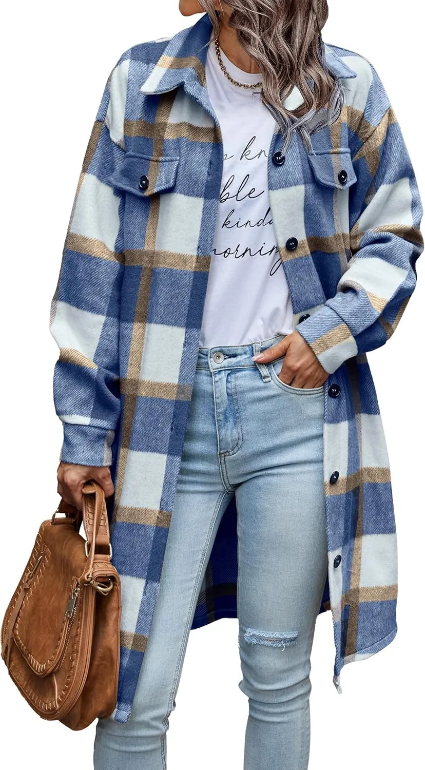 PRETTYGARDEN Women's Plaid Shacket 2025 Long Sleeve Button Up Flannel Shirt Winter Tartan Jacket Woolen Coats