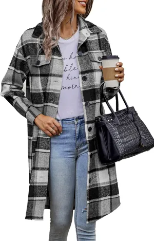 PRETTYGARDEN Women's Plaid Shacket 2025 Long Sleeve Button Up Flannel Shirt Winter Tartan Jacket Woolen Coats