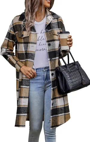 PRETTYGARDEN Women's Plaid Shacket 2025 Long Sleeve Button Up Flannel Shirt Winter Tartan Jacket Woolen Coats