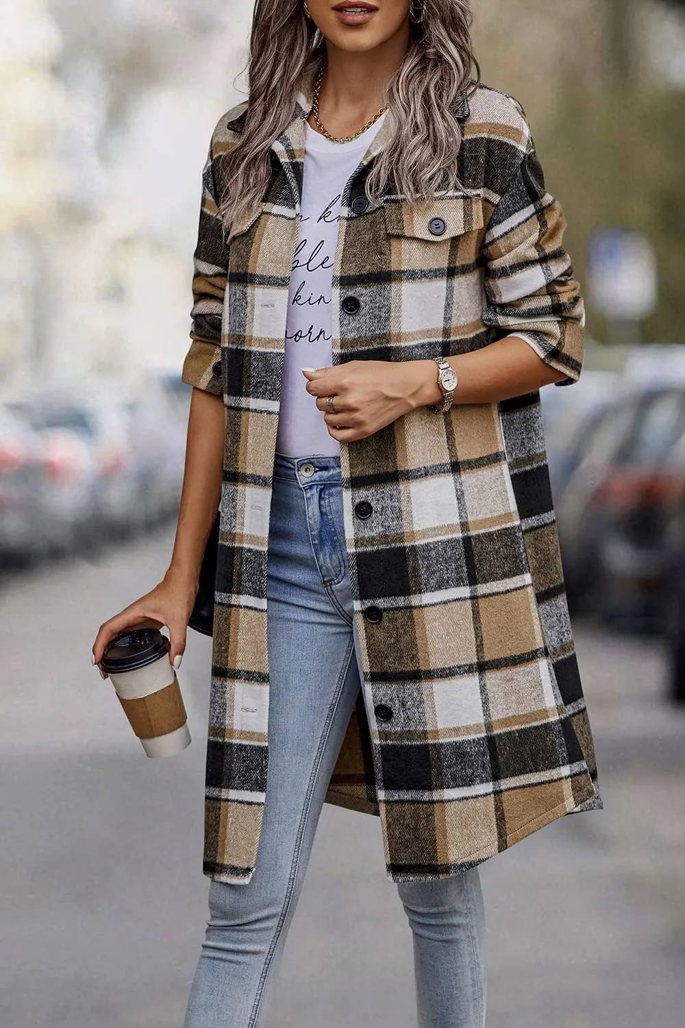 PRETTYGARDEN Women's Plaid Shacket 2025 Long Sleeve Button Up Flannel Shirt Winter Tartan Jacket Woolen Coats