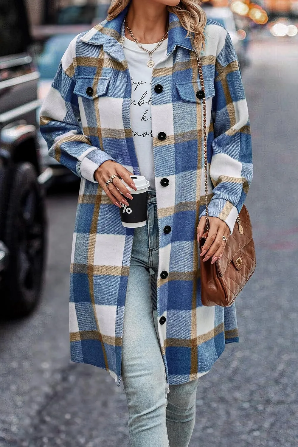 PRETTYGARDEN Women's Plaid Shacket 2025 Long Sleeve Button Up Flannel Shirt Winter Tartan Jacket Woolen Coats