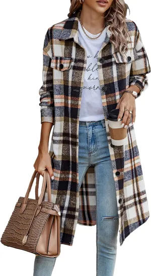 PRETTYGARDEN Women's Plaid Shacket 2025 Long Sleeve Button Up Flannel Shirt Winter Tartan Jacket Woolen Coats