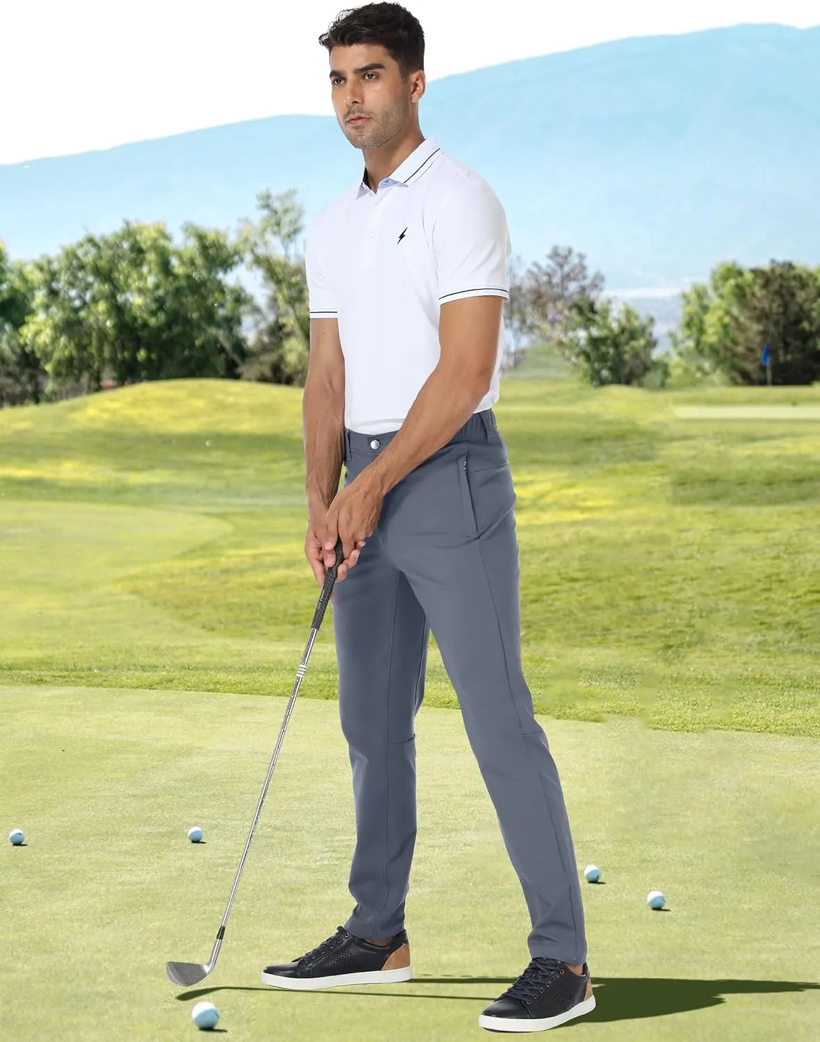 PULI Golf Pants Men Stretch Slim Fit Dress Casual Work Hiking Tapered Waterproof Pants with Pockets