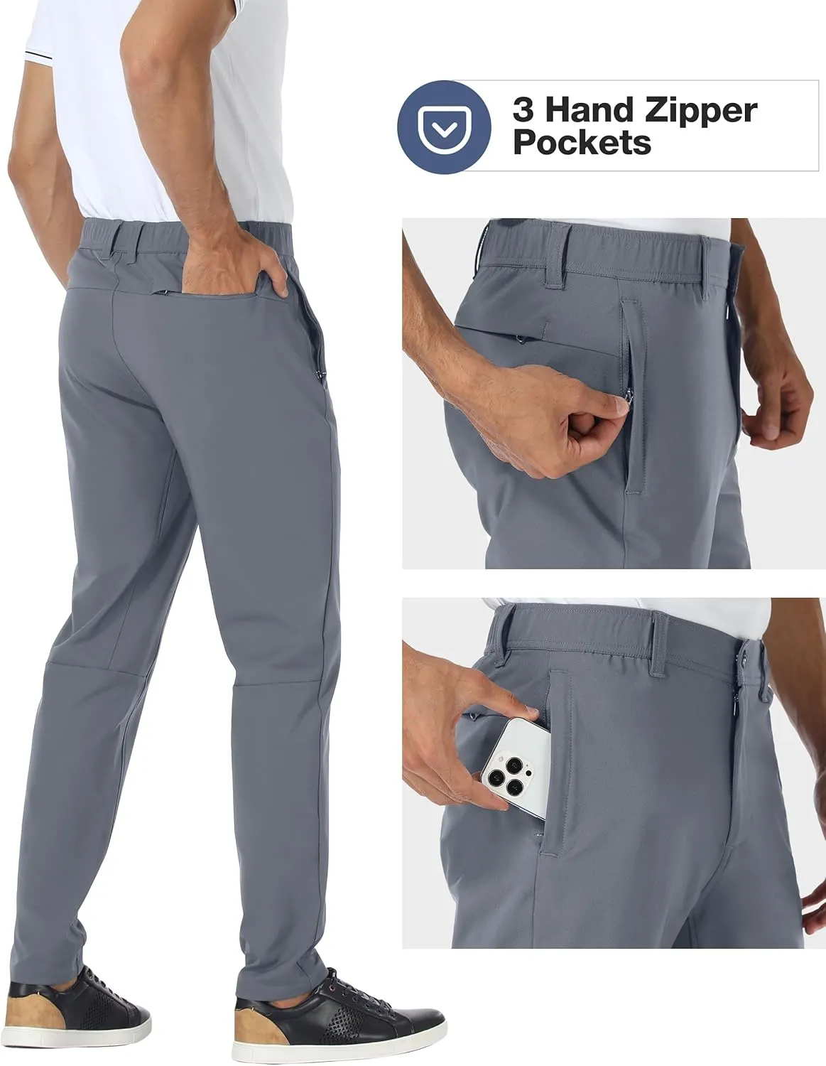PULI Golf Pants Men Stretch Slim Fit Dress Casual Work Hiking Tapered Waterproof Pants with Pockets