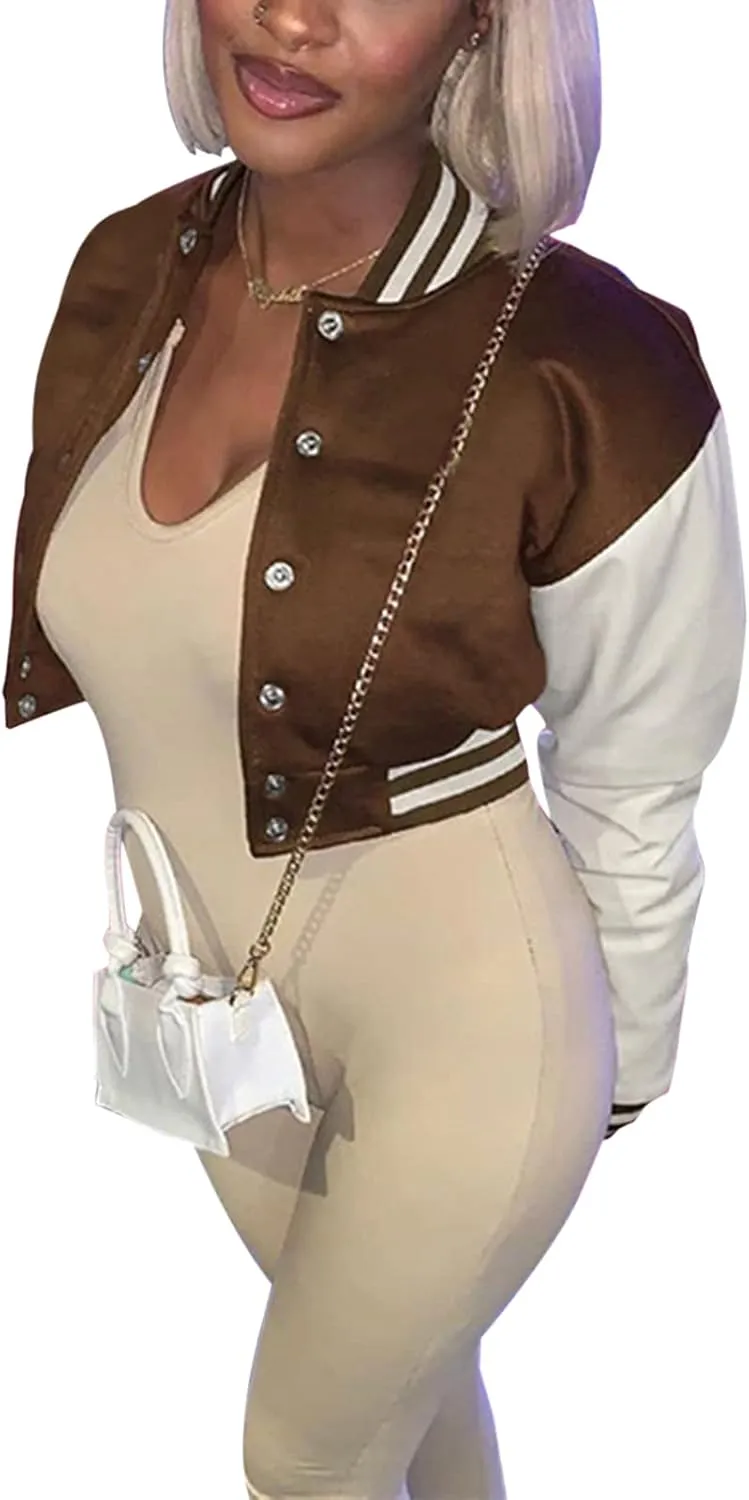 qfmqkpi Women Color block Crop Fleece Baseball Jacket Button Down Bomber Coats Sweatshirt