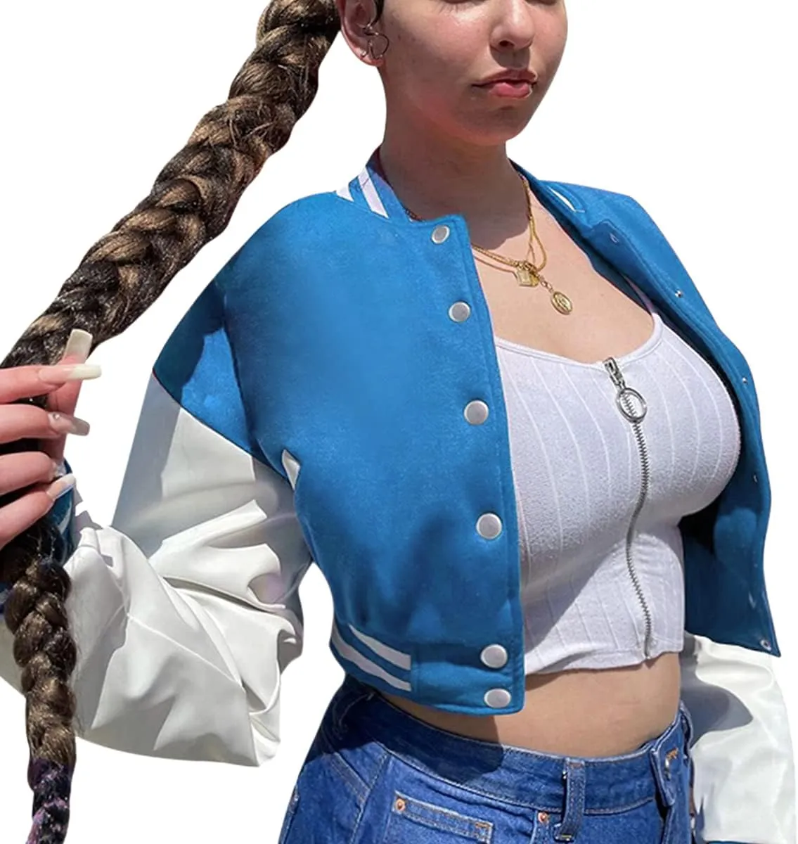 qfmqkpi Women Color block Crop Fleece Baseball Jacket Button Down Bomber Coats Sweatshirt
